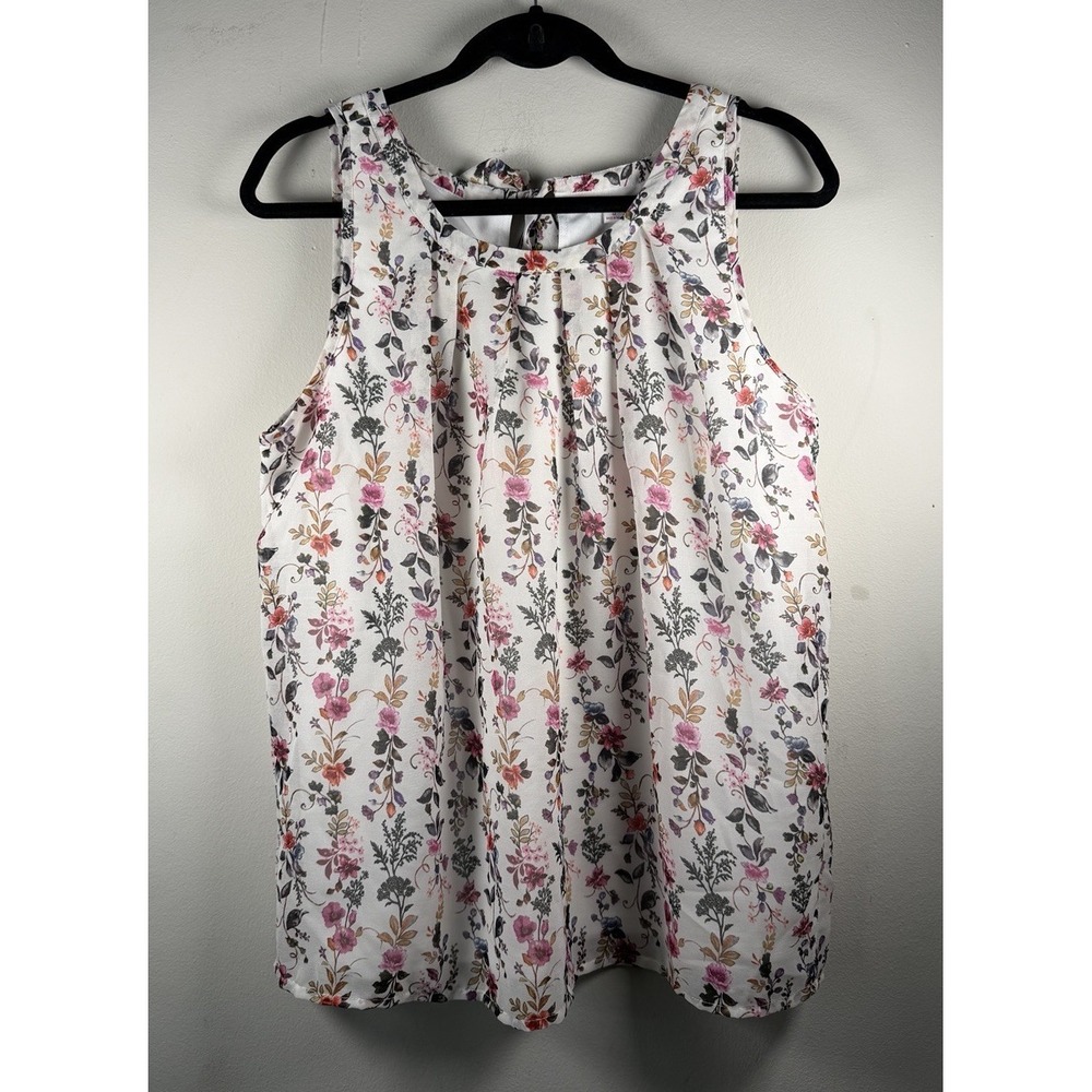 Pinky Women's White Floral Blouse Size Medium Tie Neck Boho Office Core Spring